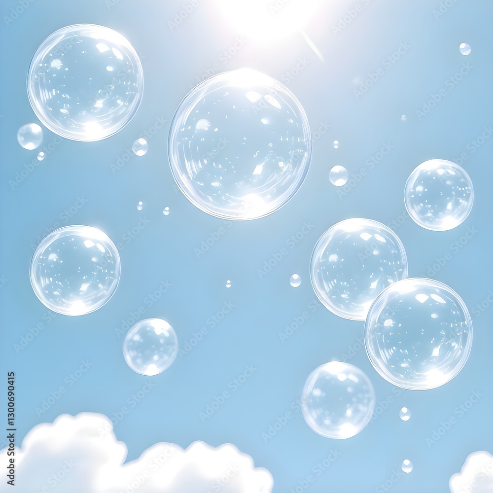 하늘색 배경에 떠있는 투명한 버블(A clear bubble floating on a sky blue background) 하늘색 배경에 떠있는 투명한 버블(A clear bubble floating on a sky blue background)