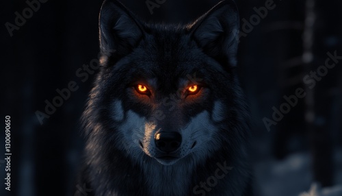 Mystic Wolf in Dark Background with Glowing Eyes Eerie Atmosphere