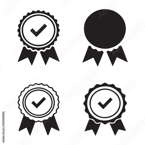 Black Quality Badge Icons with Check Mark and Ribbon, Solid and Outline Styles on White Background