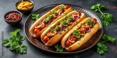 Wallpaper Mural Three gourmet hot dogs arranged neatly on a black plate with ketchup and mustard condiments Torontodigital.ca