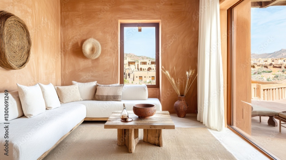 Warm natural tones, rustic harmony, organic aesthetics – Clay beige terracotta living room featuring textured earthen walls, soft fabric sofa Warm natural tones, rustic harmony, organic aesthetics – Clay beige terracotta living room featuring textured earthen walls, soft fabric sofa