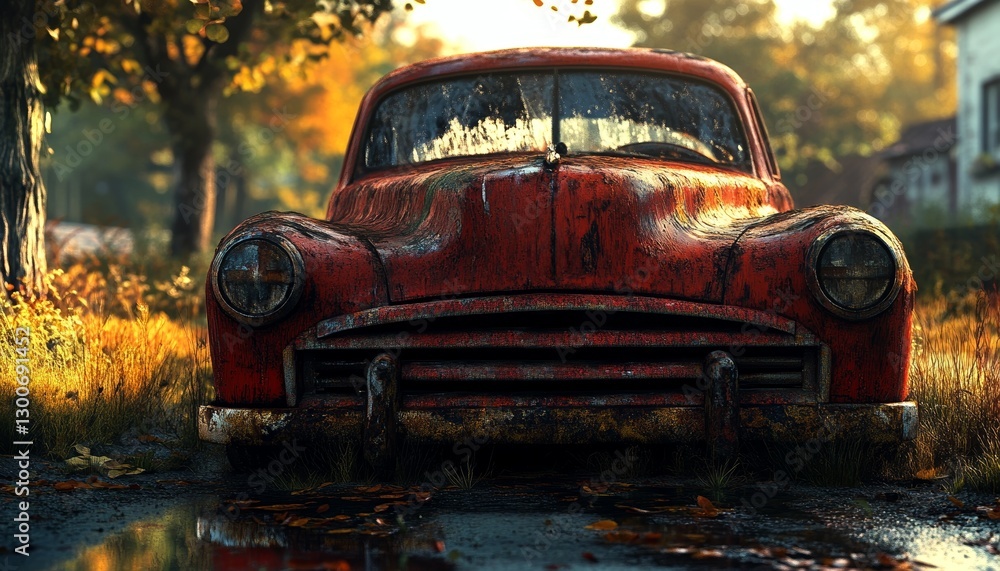 Fototapeta premium Old Rusty Car in Overgrown Nature Setting with Photorealistic Style