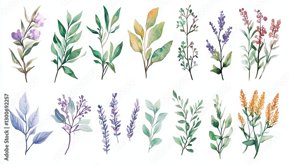 Fototapeta premium Watercolor Illustrations of Various Herbs Including Lavender Rosemary on White Background