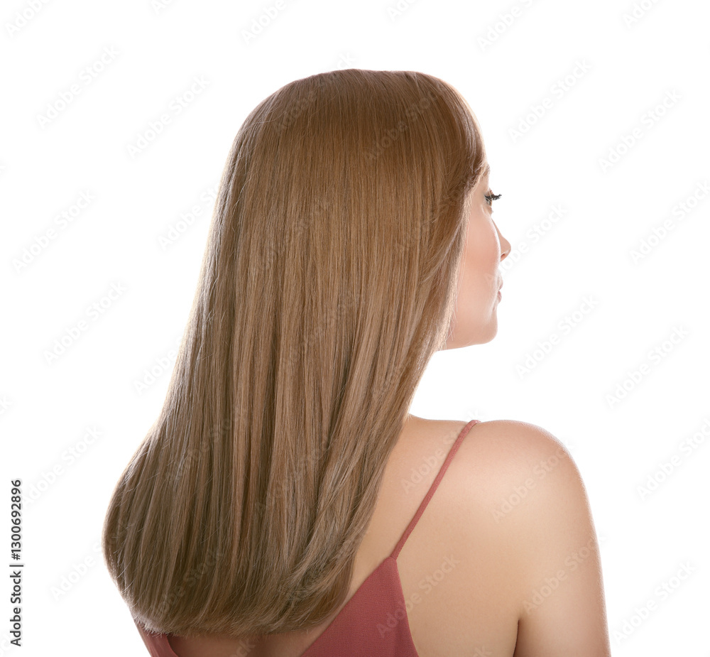 Beautiful woman with hair dyed in natural color on white background Beautiful woman with hair dyed in natural color on white background