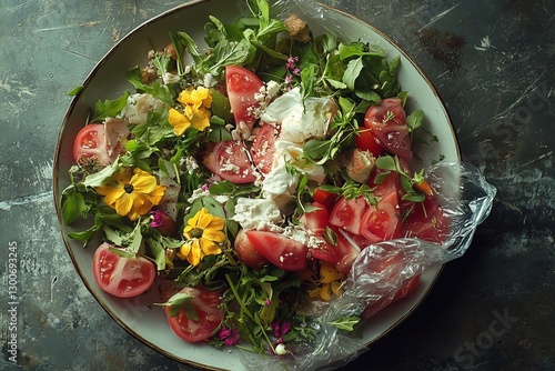 A vibrant plate of fresh salad featuring arugula, tomatoes, feta cheese, and edible flowers is unexpectedly tainted by a piece of plastic.  photo