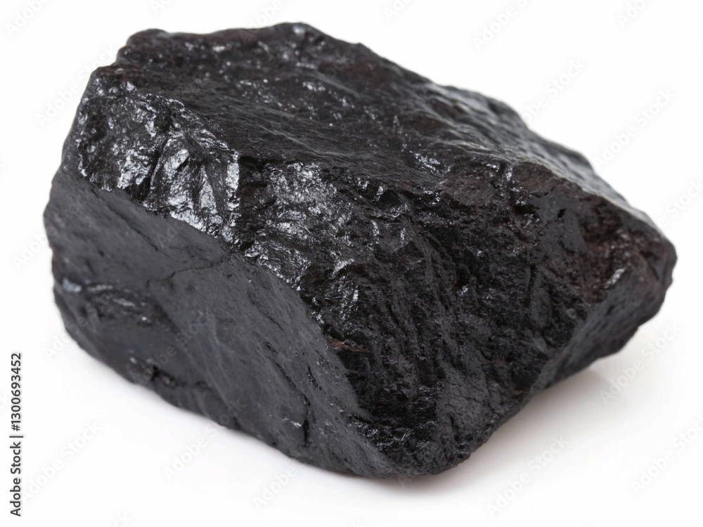 Obraz premium On a white background, lumps of coal are presented, emphasizing their deep black color, irregular shapes, and natural, raw appearance
