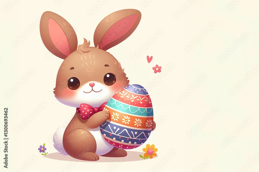 Fototapeta premium Süßes Osterhäschen mit roter Schleife hält ein bunt verziertes Osterei, umgeben von kleinen Blumen, perfekt als fröhliches Osterkartenmotiv. Generative KI