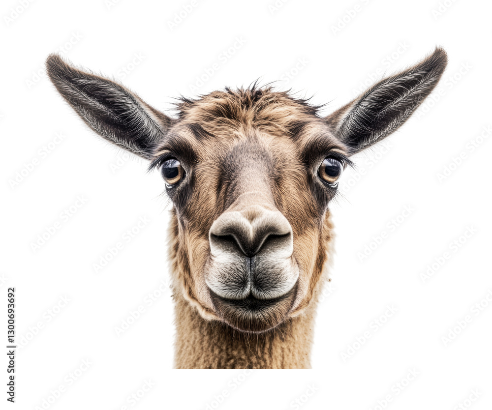 Fototapeta premium Unique llama portrait showcasing expressive eyes and gentle features in a minimalist setting, cut out