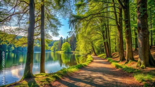 Fototapeta Naklejka Na Ścianę i Meble -  A forest walk along the lake, trees, landscape,  trees, landscape, greenery, outdoors, serene, foliage, Poland, Mikolajki, path