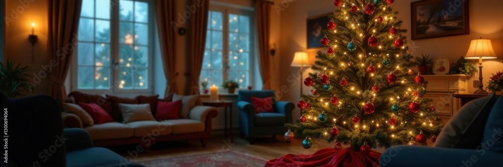 Fototapeta premium A decorated Christmas tree stands tall in a festive room with ornaments and lights, decorations, illuminated, indoor