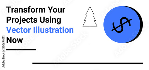 Abstract dollar coin, tree outline, and minimal text highlight financial growth, eco-focus, and creativity. Ideal for marketing, business, eco-sustainability, finance visuals education modern