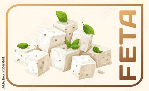 Cartoon illustration of a block of feta cheese with a green leaf on top on beige background. Vector icon of a block of feta cheese, a popular brined cheese from Greece. Commonly used in salads