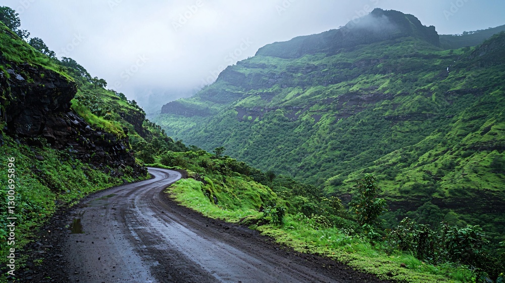 Scenic Winding Mountain Road Through Lush Green Valley Landscape Scenic Winding Mountain Road Through Lush Green Valley Landscape