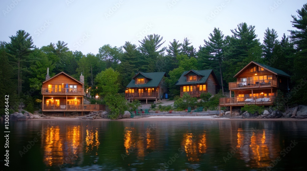 Obraz premium Serene Lake at Dusk with Charming Rustic Cabins