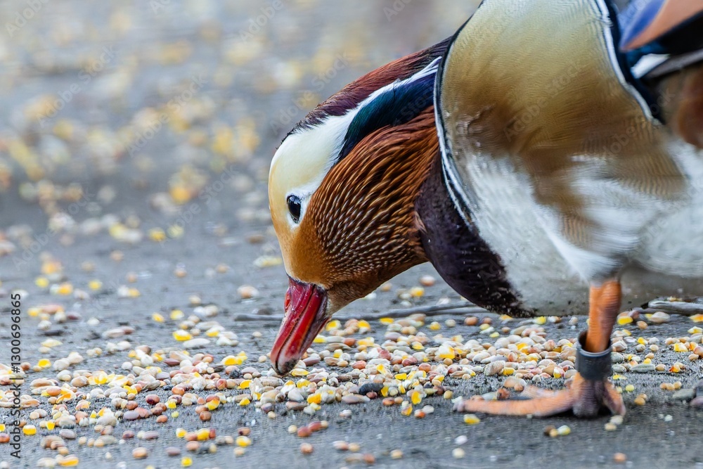 Close up portrait of a colorful male mandarin duck foraging on yellow seeds on the ground.