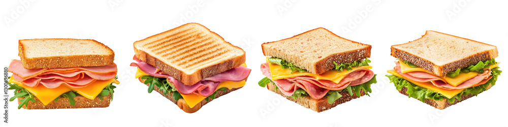 Delicious stacked sandwiches with layers of meat, cheese, and fresh greens. Delicious stacked sandwiches with layers of meat, cheese, and fresh greens.