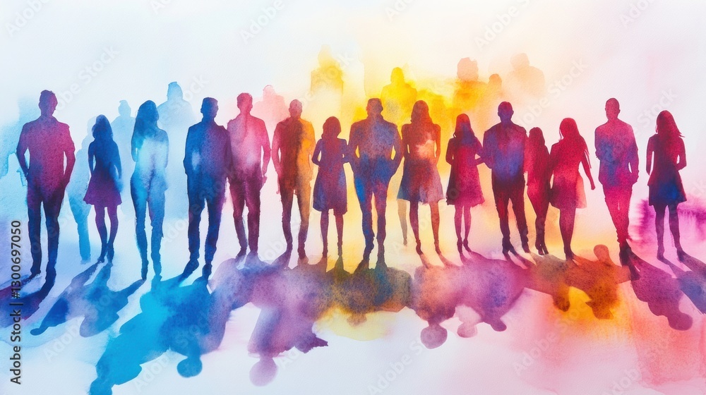 Obraz premium Vibrant Crowd: A Watercolor Depiction of Unity and Diversity