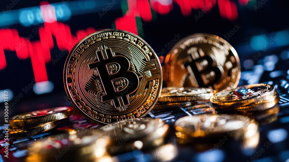Bitcoin coins on keyboard with fluctuating market graph in background, illustrating volatility of cryptocurrency Bitcoin coins on keyboard with fluctuating market graph in background, illustrating volatility of cryptocurrency