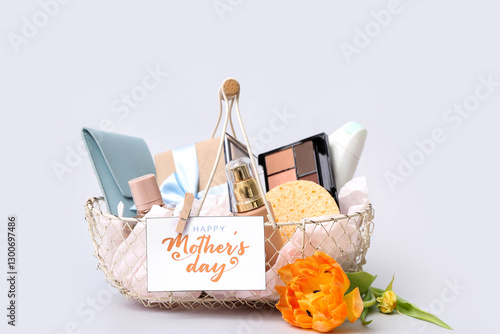 Basket with cosmetic gifts and flower for Mother's Day on isolated white background