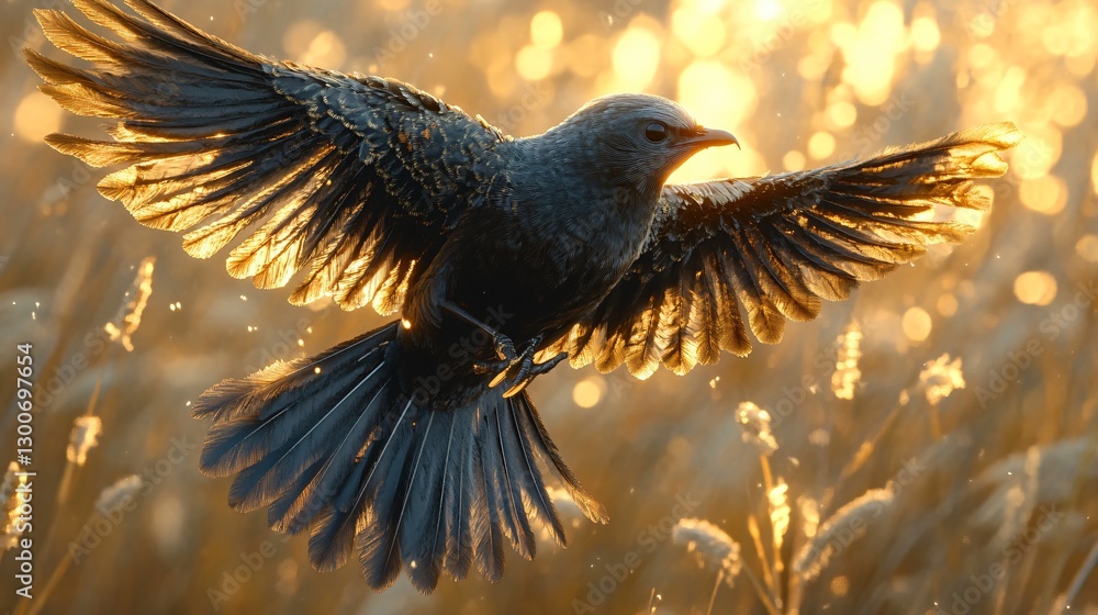 Naklejka premium Majestic Blackbird in Flight at Golden Hour Wings Spread Wide Nature Photography