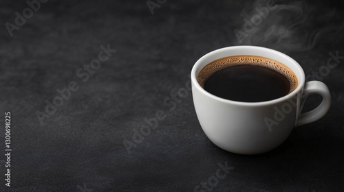 Aromatic Hot Coffee in White Mug on Dark Background Steaming Brew