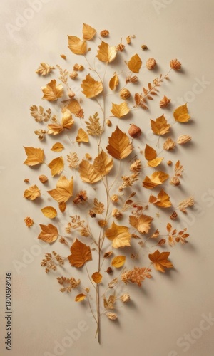 Dried flower golden leaves scattered on a beige background,  earthy tones,  natural elements