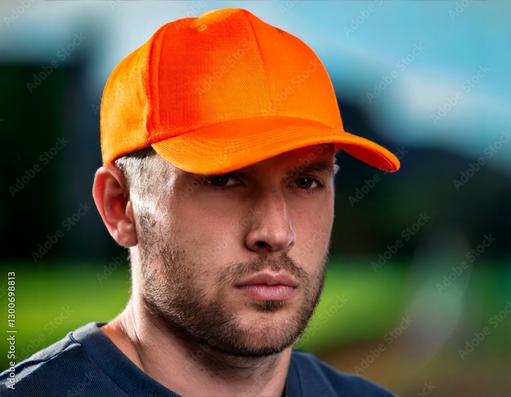 man wearing a plain orange baseball cap