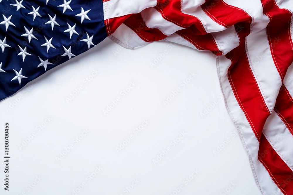 Part of the American flag is on a white background. Top view. Space for text. Close-up photo Part of the American flag is on a white background. Top view. Space for text. Close-up photo