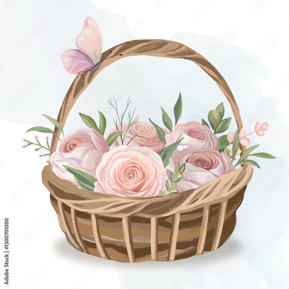 Obraz premium Delicate pink flowers roses and leaves in twigs basket Seasonal painting composition