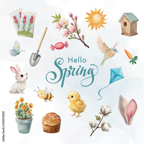 Hello spring elements Easter sunt seeds pack birds bunny bee blossom flowers