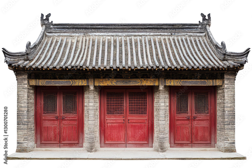 Ancient Chinese Temple Entrance With Red Doors Grey Tiled Roof And Architectural Details On Transparent Background Ancient Chinese Temple Entrance With Red Doors Grey Tiled Roof And Architectural Details On Transparent Background