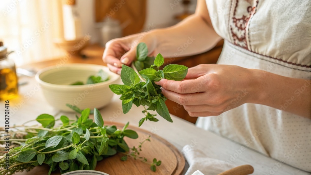 Fresh Herb Preparation in a Cozy Kitchen Setting for Culinary and Gardening Inspiration Fresh Herb Preparation in a Cozy Kitchen Setting for Culinary and Gardening Inspiration