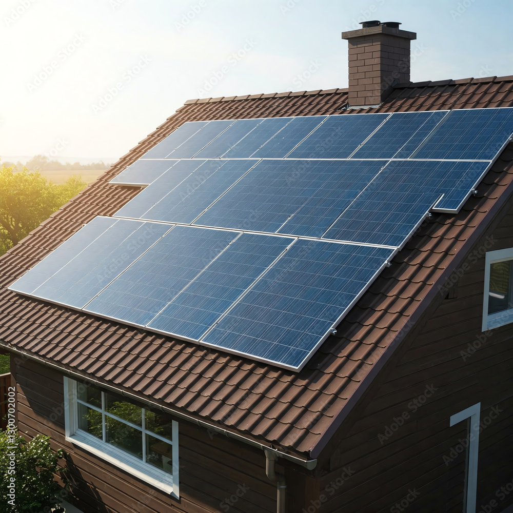 Modern house with blue solar panels on the roof. End of the day, sunset. Idyllic atmosphere