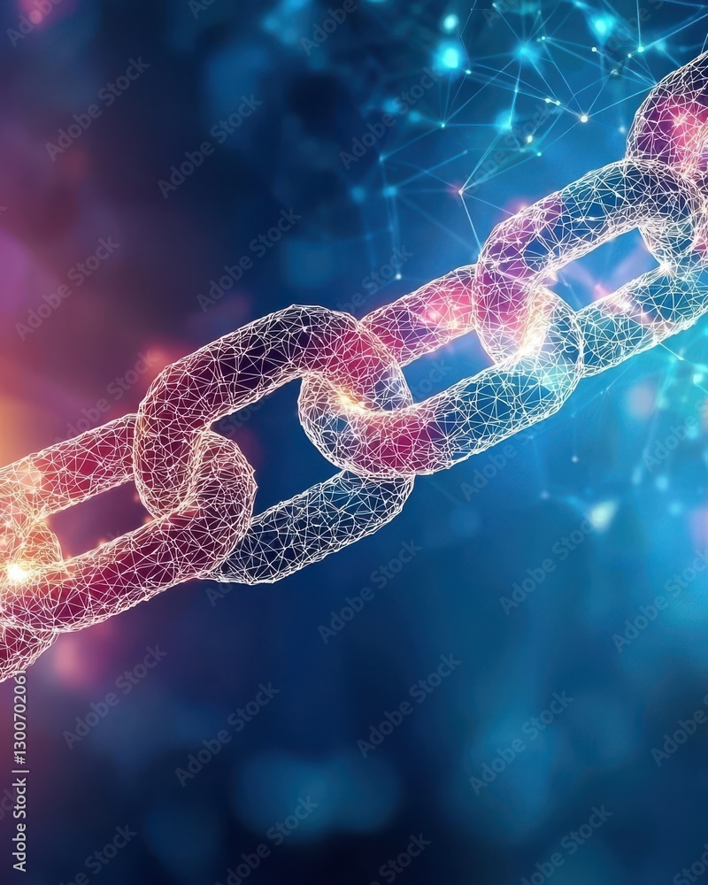 A glowing digital chain link symbolizing connectivity and technology advancement. A glowing digital chain link symbolizing connectivity and technology advancement.