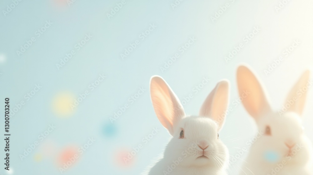 Two fluffy rabbits with soft fur stand against pastel background Two fluffy rabbits with soft fur stand against pastel background
