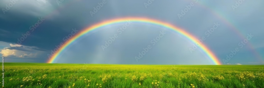 Naklejka premium Two distinct rainbows, a vibrant inner arc and a fainter outer arc, spanning a verdant field with patches of yellow wildflowers , bright, rural, landscape