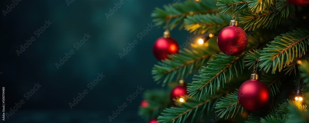 Branches of a Christmas tree against a dark background with ornaments and lights, winter wonderland, festive decor Branches of a Christmas tree against a dark background with ornaments and lights, winter wonderland, festive decor