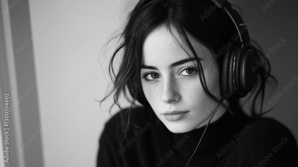 Young woman with headphones in monochrome, embodying modern simplicity and focus. Young woman with headphones in monochrome, embodying modern simplicity and focus.