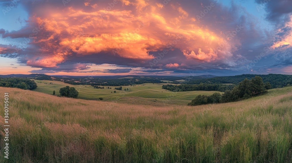 Dramatic sunset over rolling hills and fields. Dramatic sunset over rolling hills and fields.