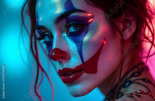 A cyberpunk inspired harlequin with metallic face paint glowing neon circuit patterns