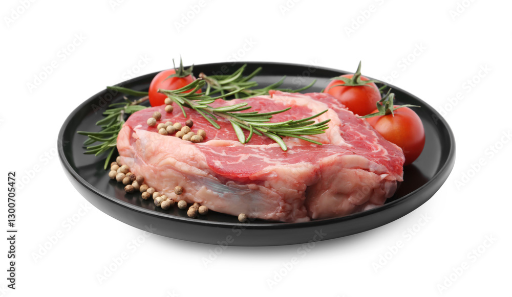 Piece of raw beef meat, spices and tomatoes isolated on white Piece of raw beef meat, spices and tomatoes isolated on white