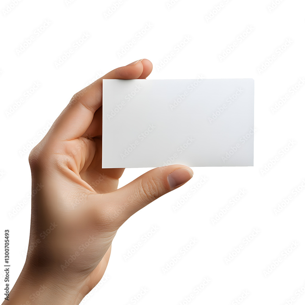 Obraz premium Hand Holding Blank Business Card Against Transparent Background