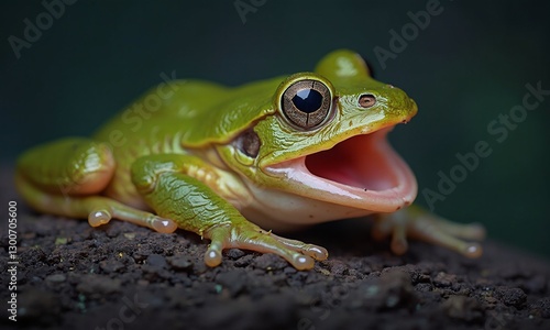 Close-up of spring peeper frog calling at dusk, throat expanded, photorealistic detail