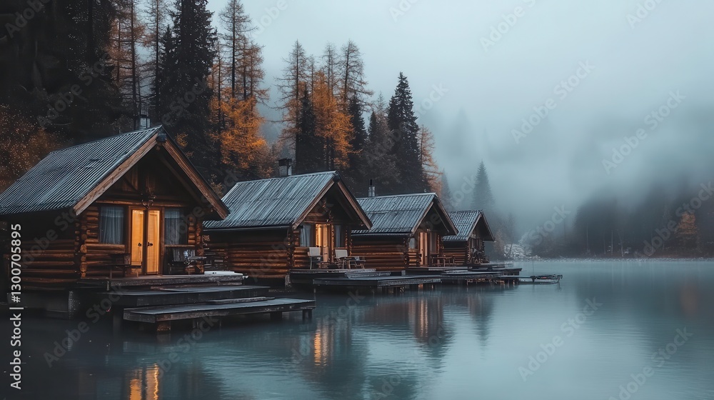 Fototapeta premium Tranquil Autumn Cabins by the Water in Soft Evening Light