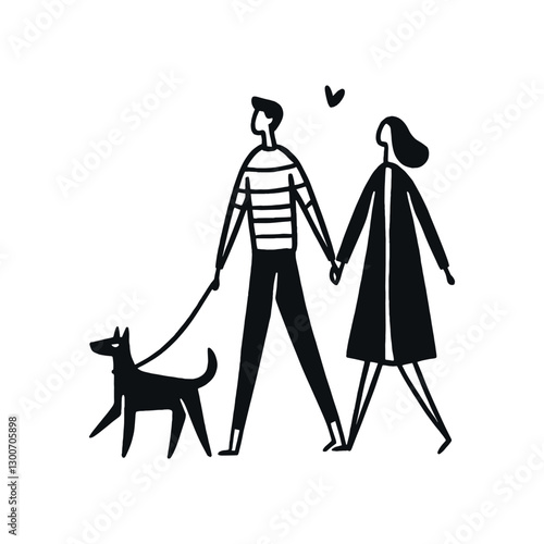 Young couple walking dog on leash, line art icon, monochrome