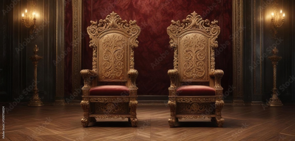 Ornate wooden throne with golden swirls against a luxurious velvet background, regal, aristocratic Ornate wooden throne with golden swirls against a luxurious velvet background, regal, aristocratic