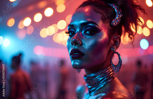A futuristic circus ringleader metallic and glowing face paint