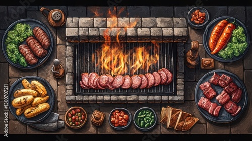 Wallpaper Mural Overhead view of a rustic barbecue with various meats, vegetables, and side dishes. Torontodigital.ca