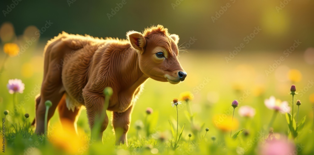 Brown furred calf investigates wildflowers, soft sunlight , peaceful, vibrant, soft Brown furred calf investigates wildflowers, soft sunlight , peaceful, vibrant, soft