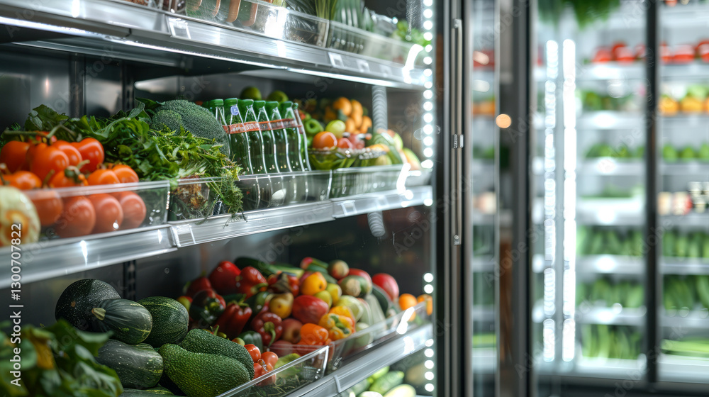 In the grocery store, there are a variety of fresh fruits and vegetables on the shelves of the refrigerator. The concept of healthy eating. A huge selection of vegetables and fruits. Vegetarianism. In the grocery store, there are a variety of fresh fruits and vegetables on the shelves of the refrigerator. The concept of healthy eating. A huge selection of vegetables and fruits. Vegetarianism.